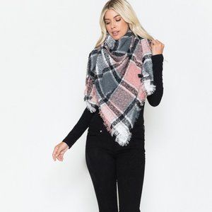 Square Blanket Scarf, Classic Plaid Print, Pink/Off White/Black